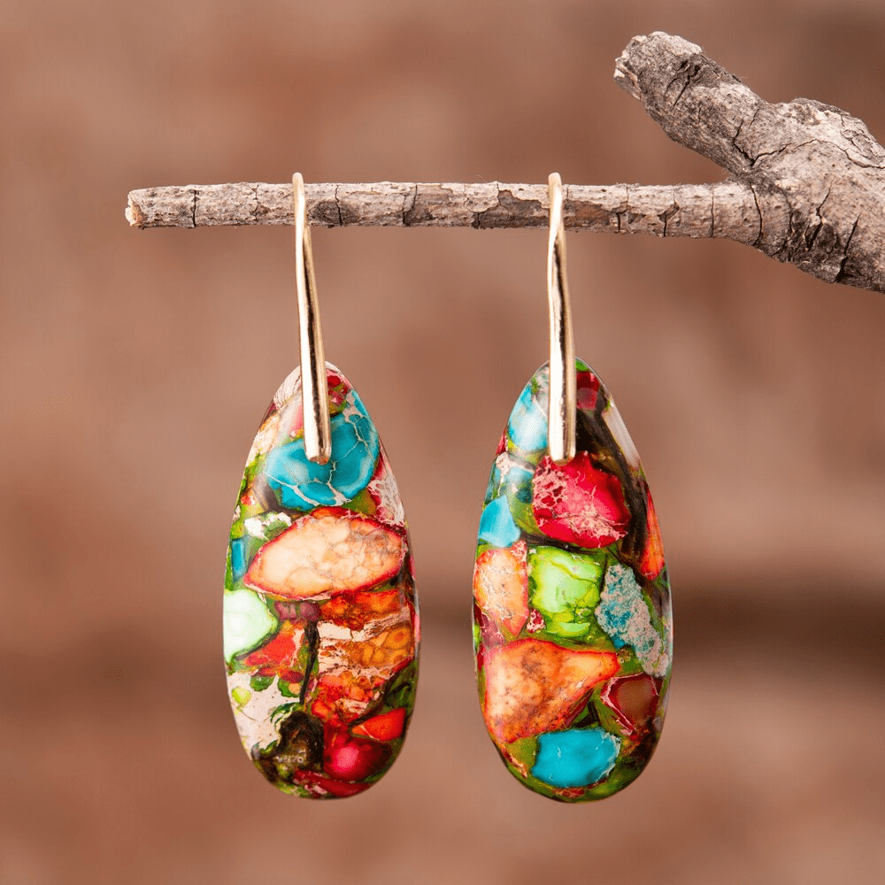 Stylish women's drop earrings featuring vibrant Imperial Jasper natural stones, perfect for a boho or healing jewelry look.