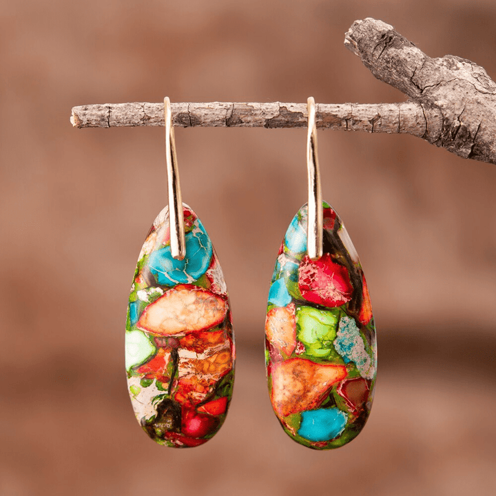 Stylish women's drop earrings featuring vibrant Imperial Jasper natural stones, perfect for a boho or healing jewelry look.