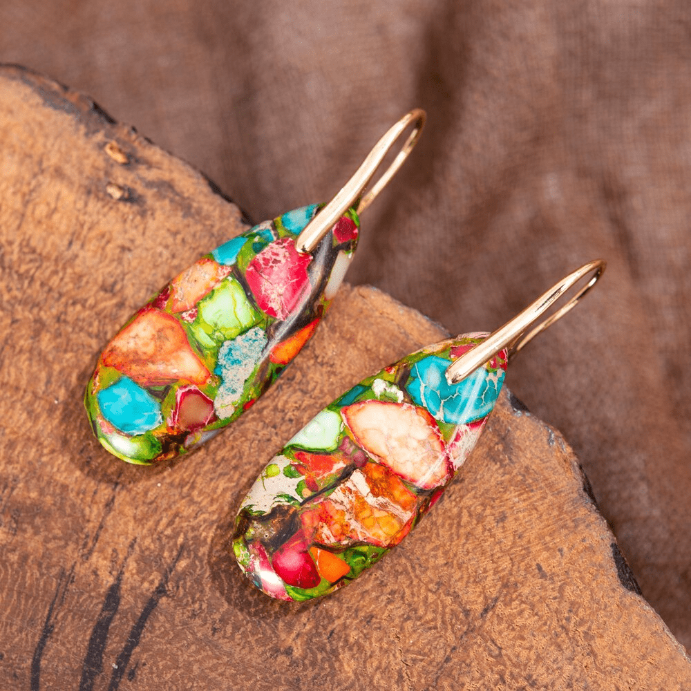 Boho women's Imperial Jasper drop earrings, a stylish natural stone jewelry piece with spiritual and healing properties.