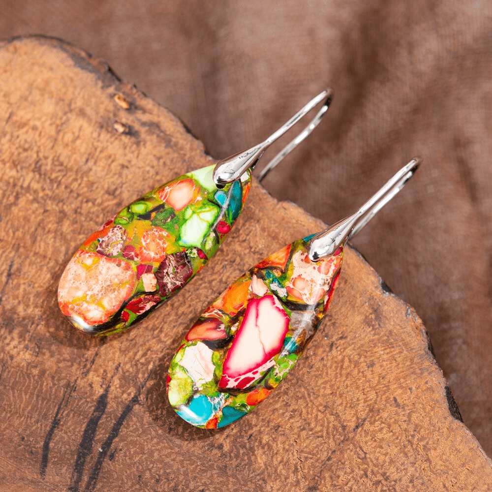 Elegant women's drop earrings with polished Imperial Jasper stones. Stylish natural stone jewelry, ideal for everyday or special occasions.