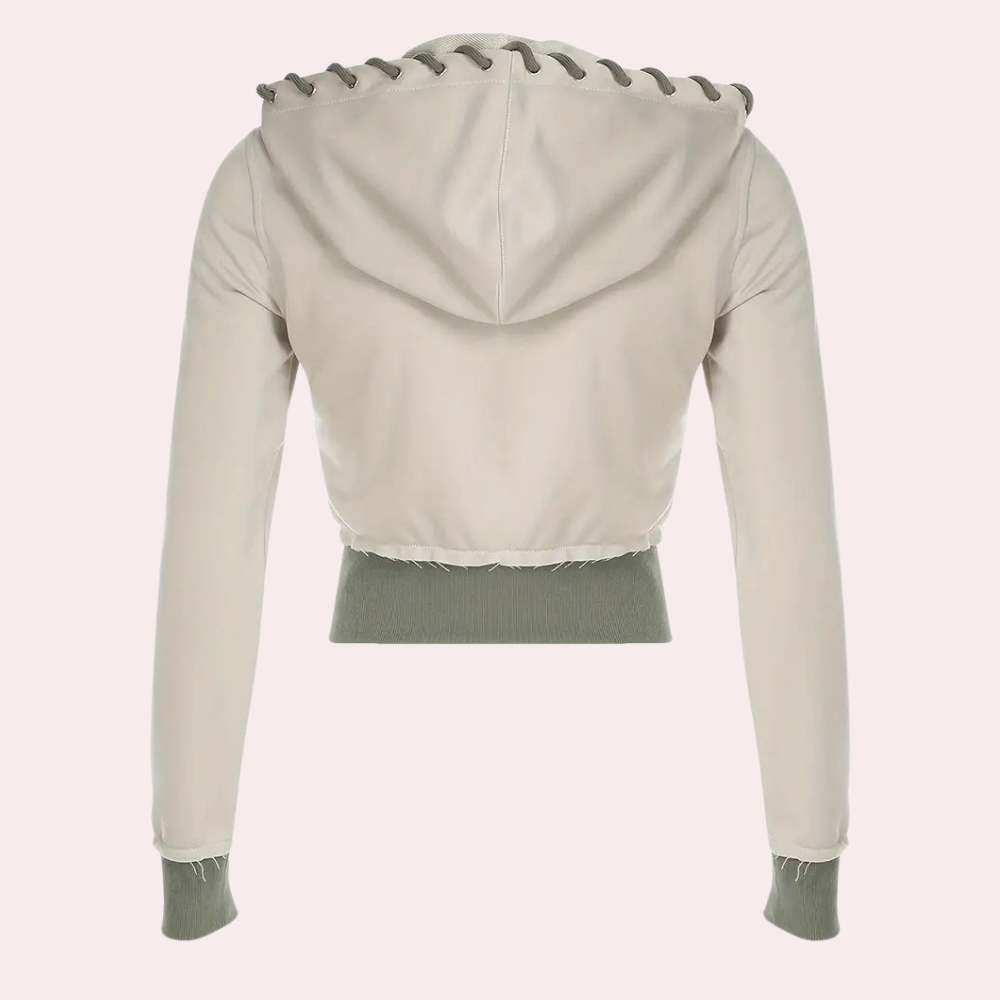 Elise ladies' gray hooded jacket, a comfortable & fashionable outerwear choice for modern women.