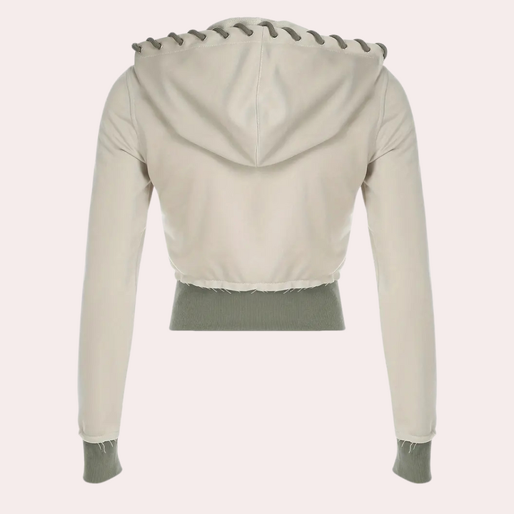Elise ladies' gray hooded jacket, a comfortable & fashionable outerwear choice for modern women.