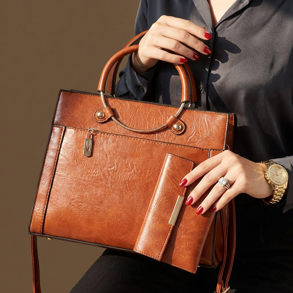 Chic women's faux leather handbag set; includes a spacious tote and a compact crossbody.