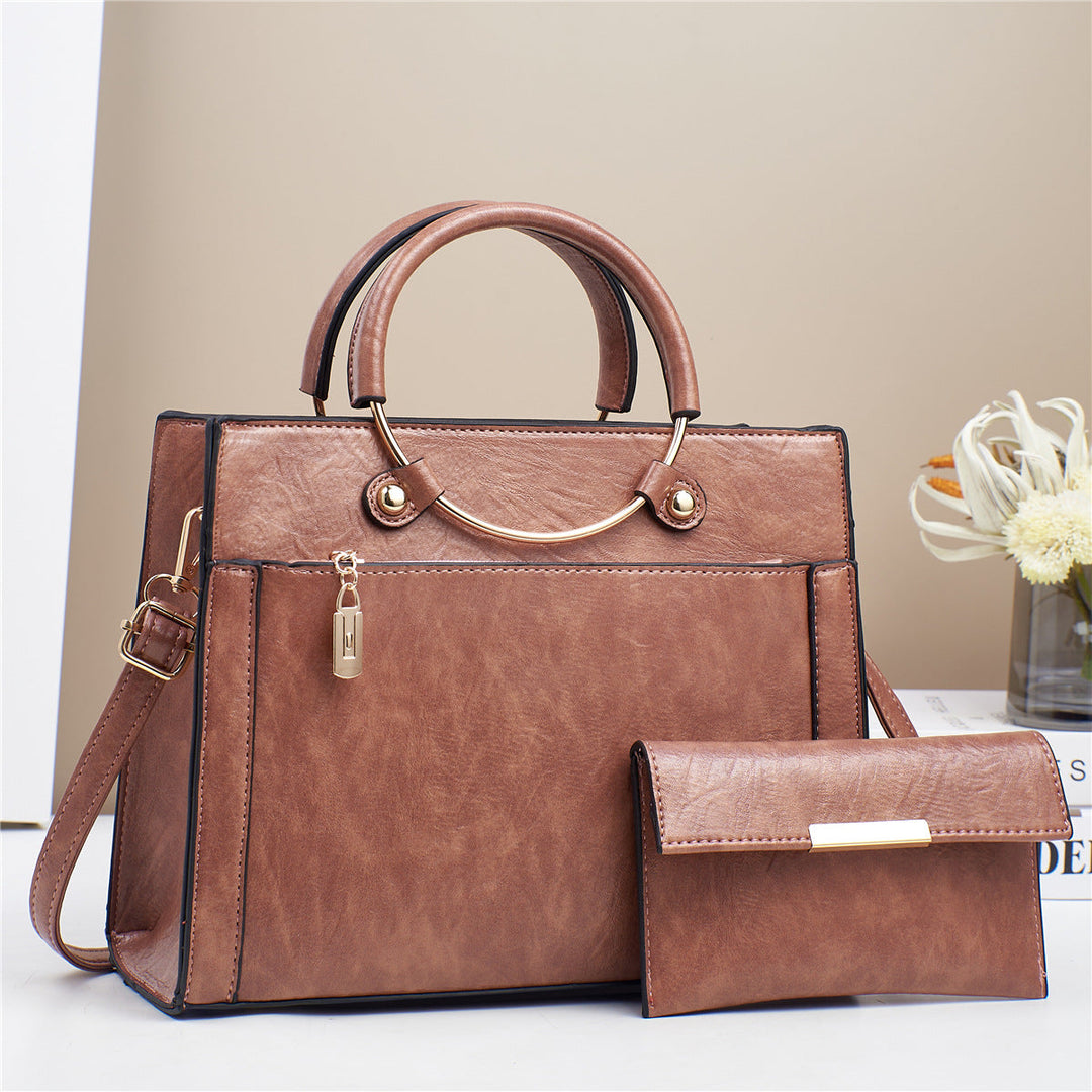 Two-piece women's faux leather bag set: large capacity tote and practical crossbody.