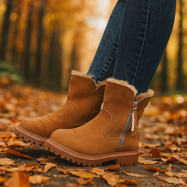 Front view of women's casual fur-lined boots, ideal for chilly days and cozy style.