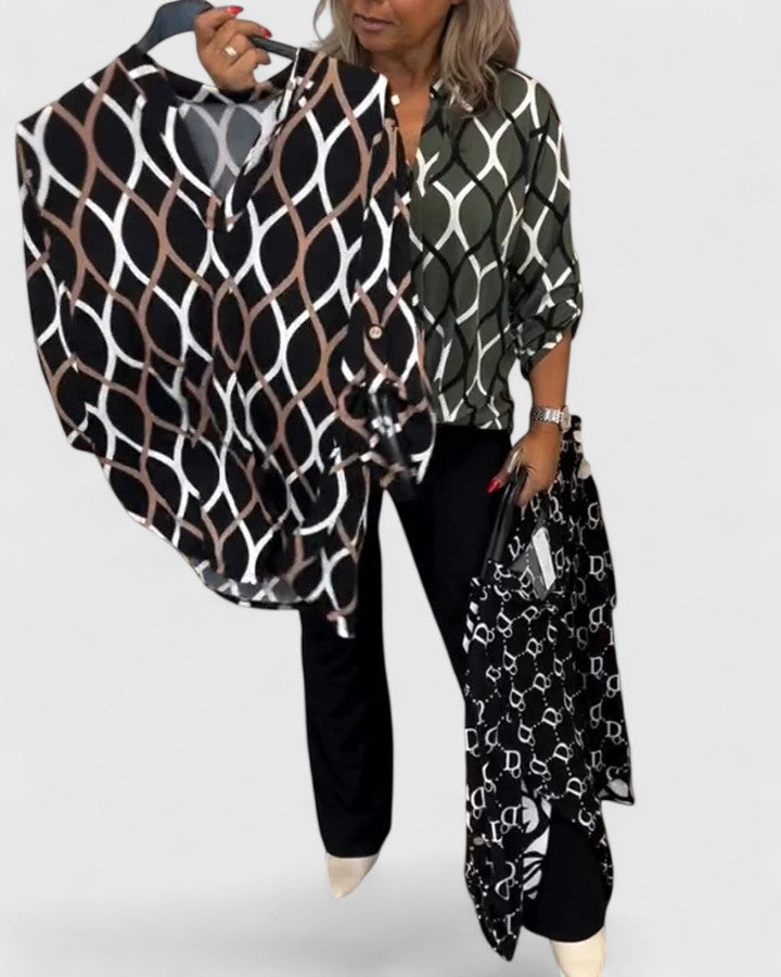 Modern graphic print women's blouse, a stylish and chic choice for any occasion.