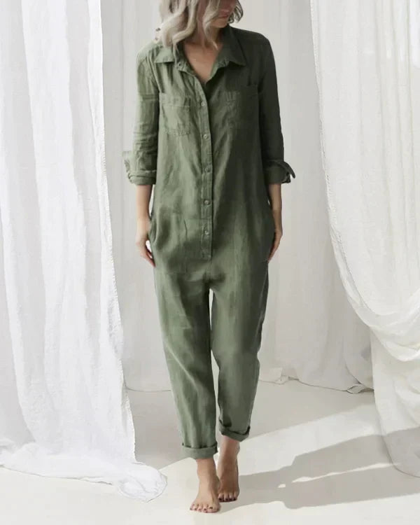 Stylish women's green cotton summer jumpsuit, comfortable & versatile for effortless fashion outfits.