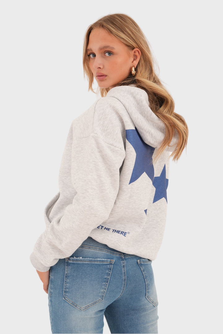 Stylish women's grey star print pullover sweater. LunaStar cozy knit for comfortable, casual fashion & everyday chic.