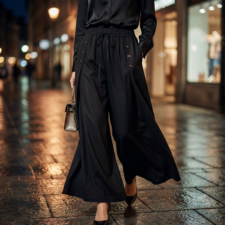 Comfortable women's flowing wide leg pants. High-waisted design for versatile casual or stylish looks.