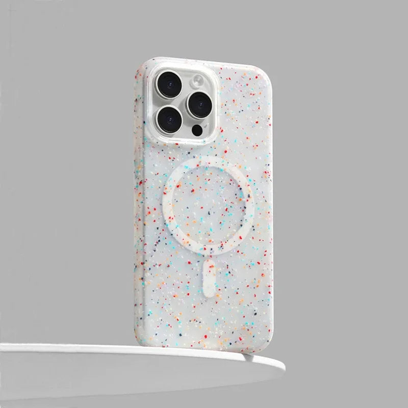 Stylish Women's InkSplash iPhone case with MagSafe compatibility, colorful paint splatter design.