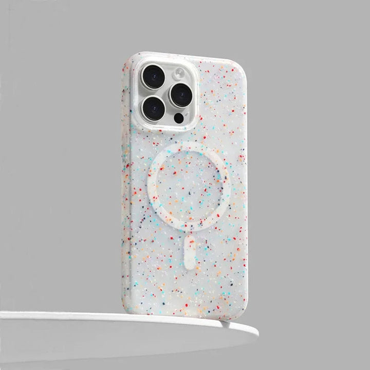 Stylish Women's InkSplash iPhone case with MagSafe compatibility, colorful paint splatter design.