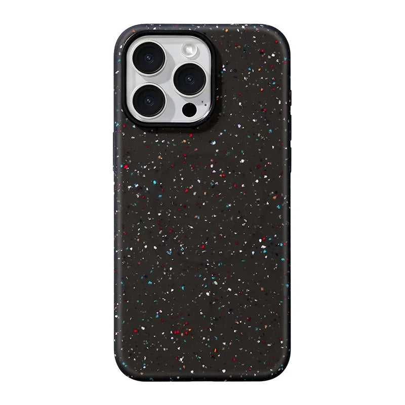 Stylish women's InkSplash iPhone cover, MagSafe, shockproof silicone, vibrant paint splatter pattern.