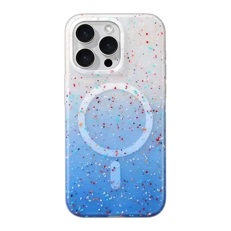 Women's InkSplash iPhone case, MagSafe compatible, colorful paint splatter, protective silicone.