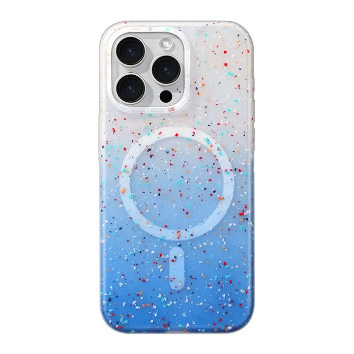 Women's InkSplash iPhone case, MagSafe compatible, colorful paint splatter, protective silicone.