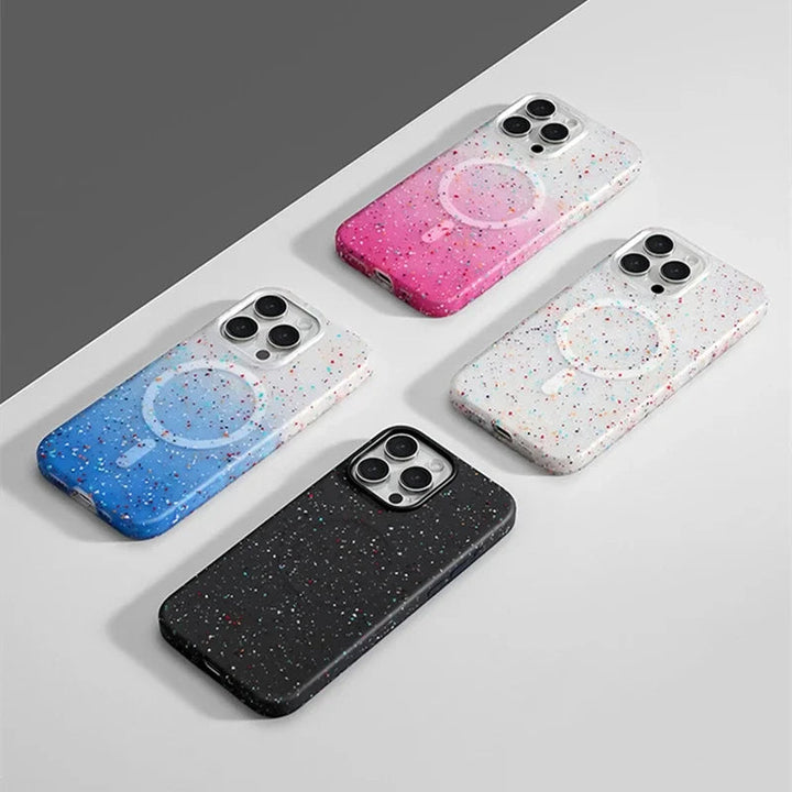 Trendy women's InkSplash iPhone case, slim MagSafe cover with unique colorful paint splatter.