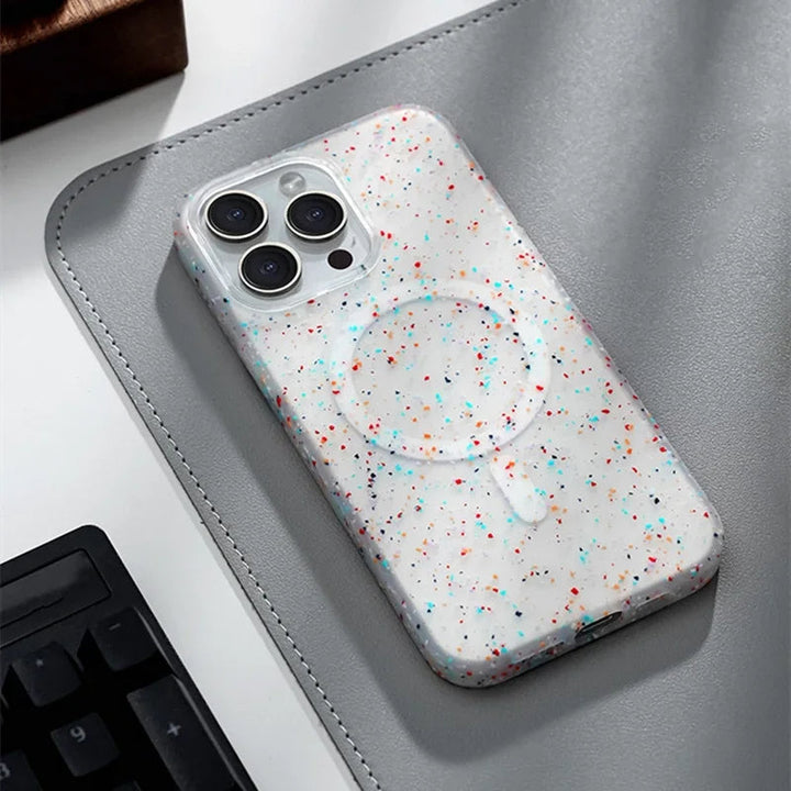 Smooth silicone women's InkSplash iPhone case, MagSafe, scratch-resistant, vibrant abstract art.