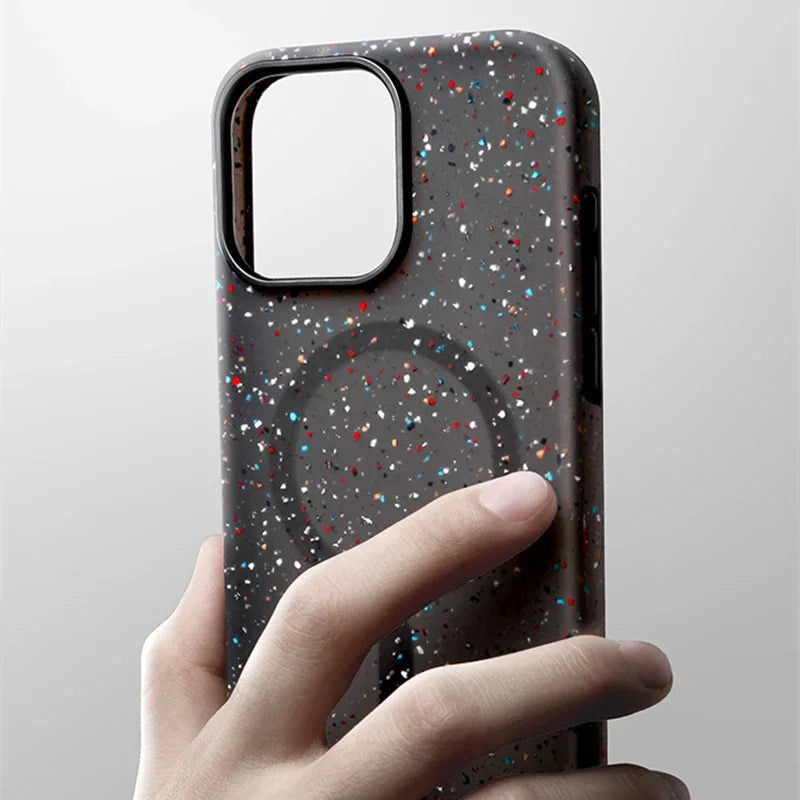 Slim women's InkSplash iPhone case, vibrant paint splatter, MagSafe compatible, durable phone cover.