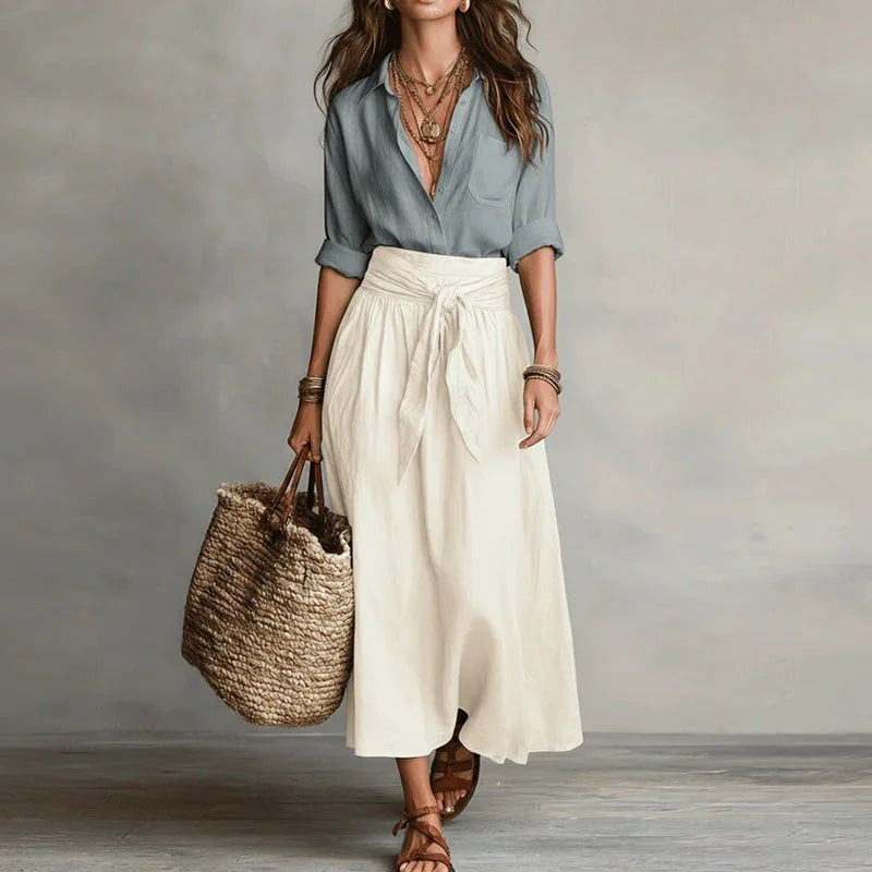 Stylish Women's Jeanelle Co-Ord Skirt Suit with long sleeve top & tie-waist skirt, perfect for office or casual.