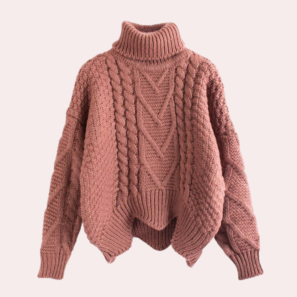 Stylish women's knitted turtleneck sweater, perfect for fall & winter fashion, offering warmth and comfort.