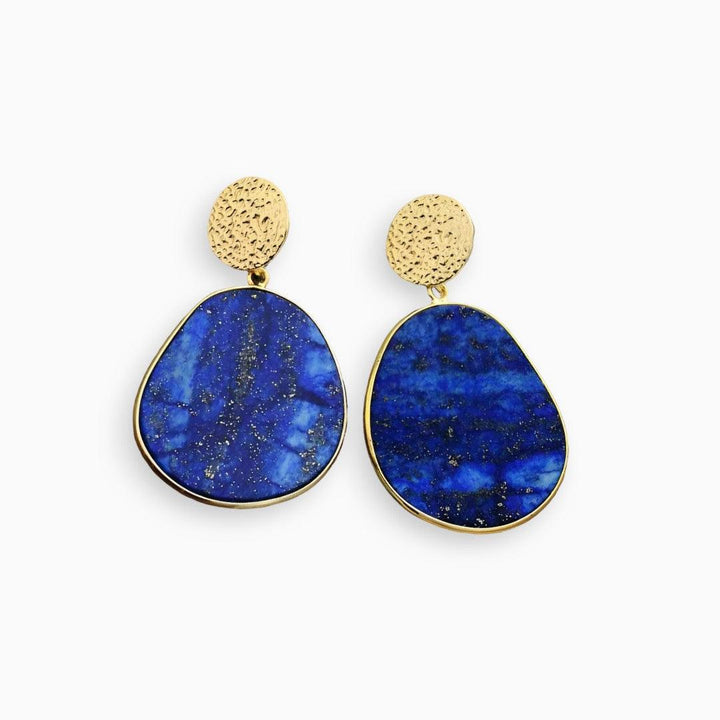 Stylish women's lapis lazuli and tiger eye gemstone earrings. Handmade natural stone jewelry for peace & protection.