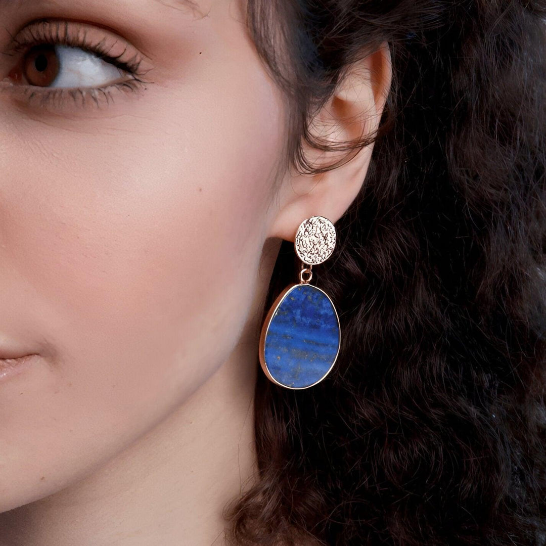 Elegant lapis lazuli and tiger eye dangle earrings. Spiritual healing jewelry, perfect for women seeking peace & style.