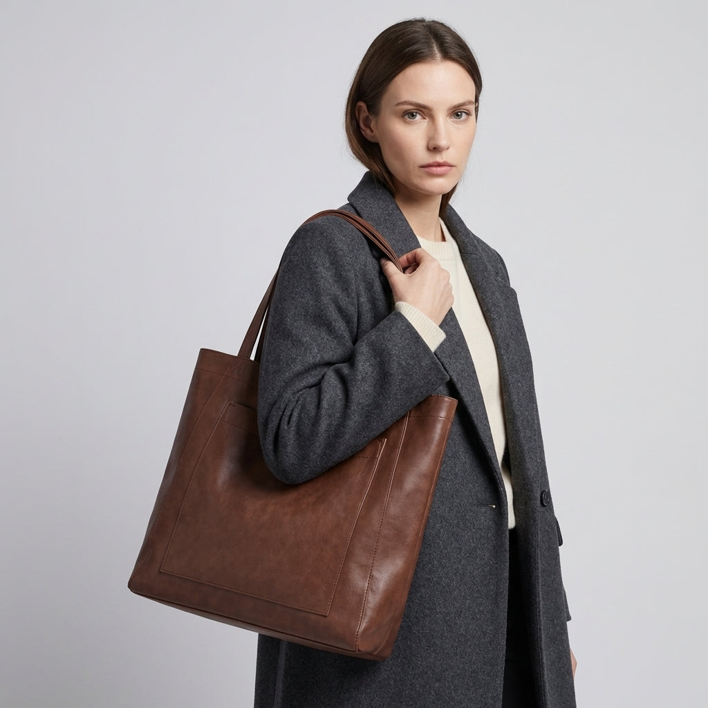 Spacious brown large tote bag for women, featuring a handy exterior pocket and comfortable shoulder straps.