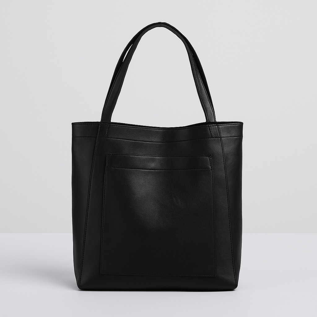 Versatile black women's shoulder tote bag, ideal as a commuter or everyday purse with a quick-access pocket.