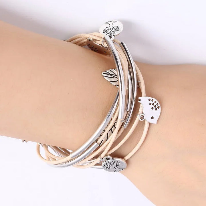 Elegant women's gray layered leather multi-strand bracelet, perfect gift for her.