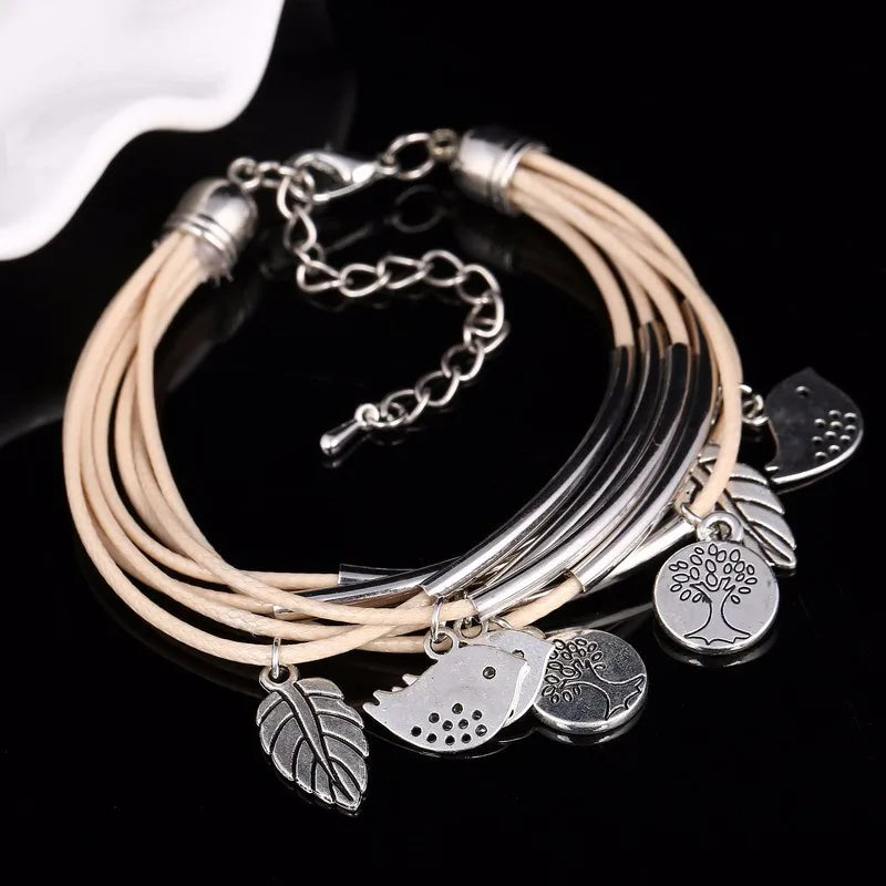 Casual layered beige leather bracelet, multi-strand women's accessory for everyday fashion.