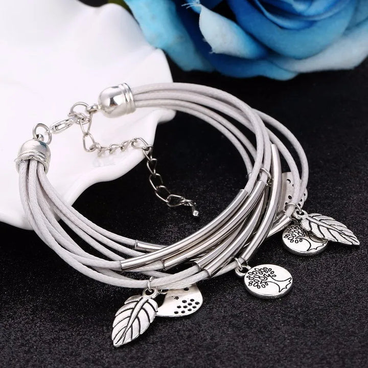 Elegant gray natural leather multi-strand bracelet for women with secure magnetic clasp.