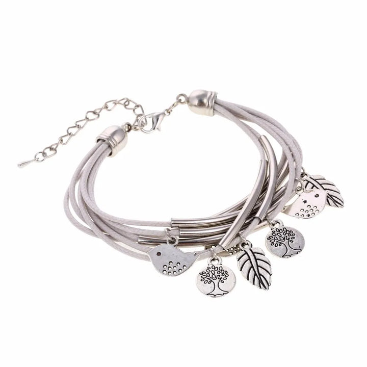 Natural beige layered multi-strand leather bracelet, women's jewelry with an elegant design.