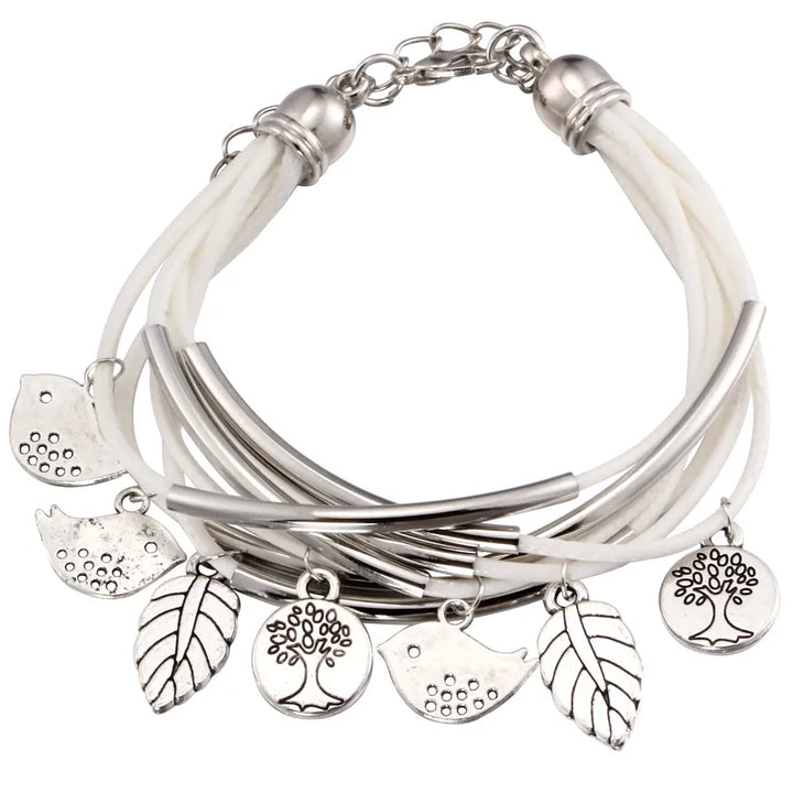 Women's white multi-strand leather bracelet, a chic layered design with secure magnetic clasp.
