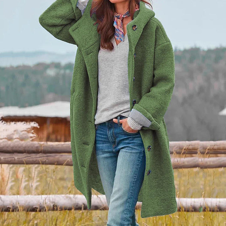Stylish women's long hooded coat, perfect fall & winter outerwear for casual comfort.