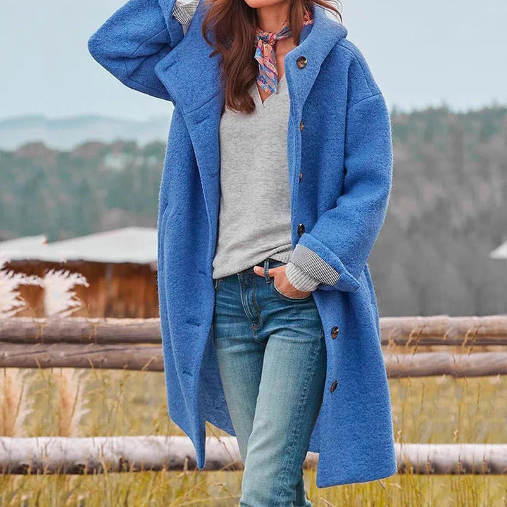 Comfortable Aria long hooded coat for women, ideal casual jacket & winter outerwear.