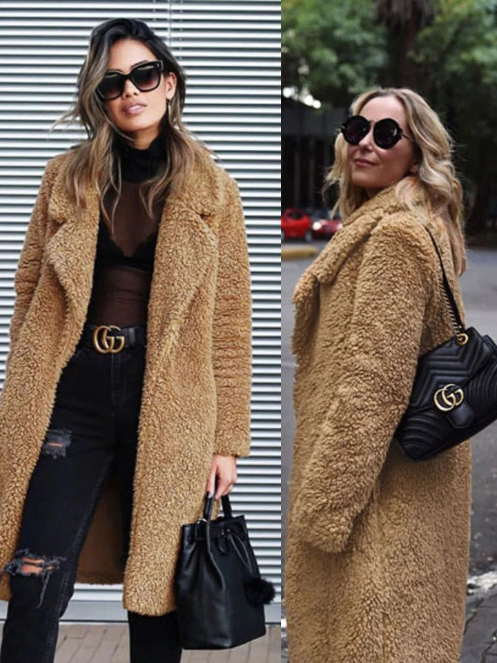 Trendy women's long teddy coat, warm & cozy, a stylish winter jacket for everyday fashion.