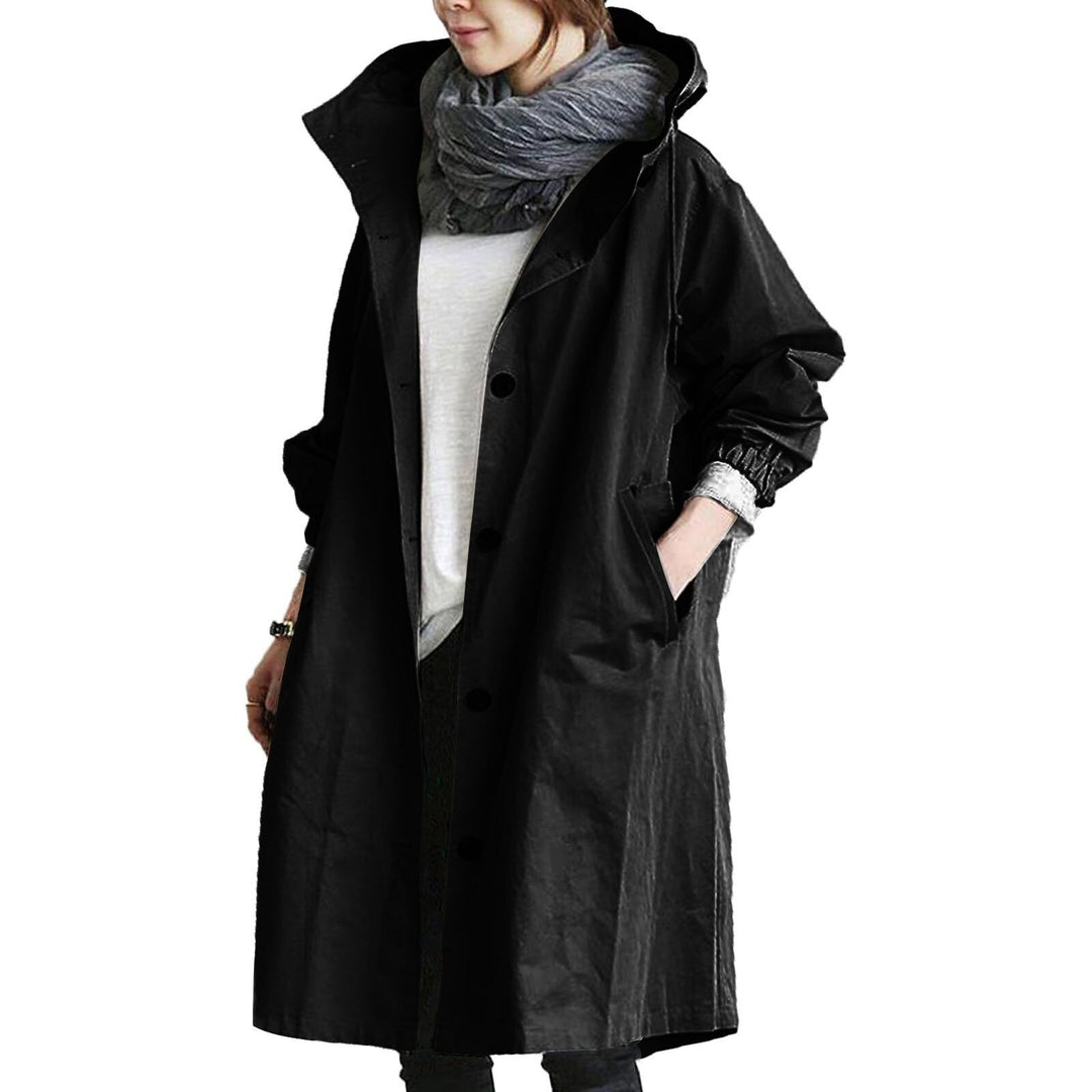 Trendy hooded long raincoat for women, windproof & waterproof, ideal for spring & fall fashion and daily wear.