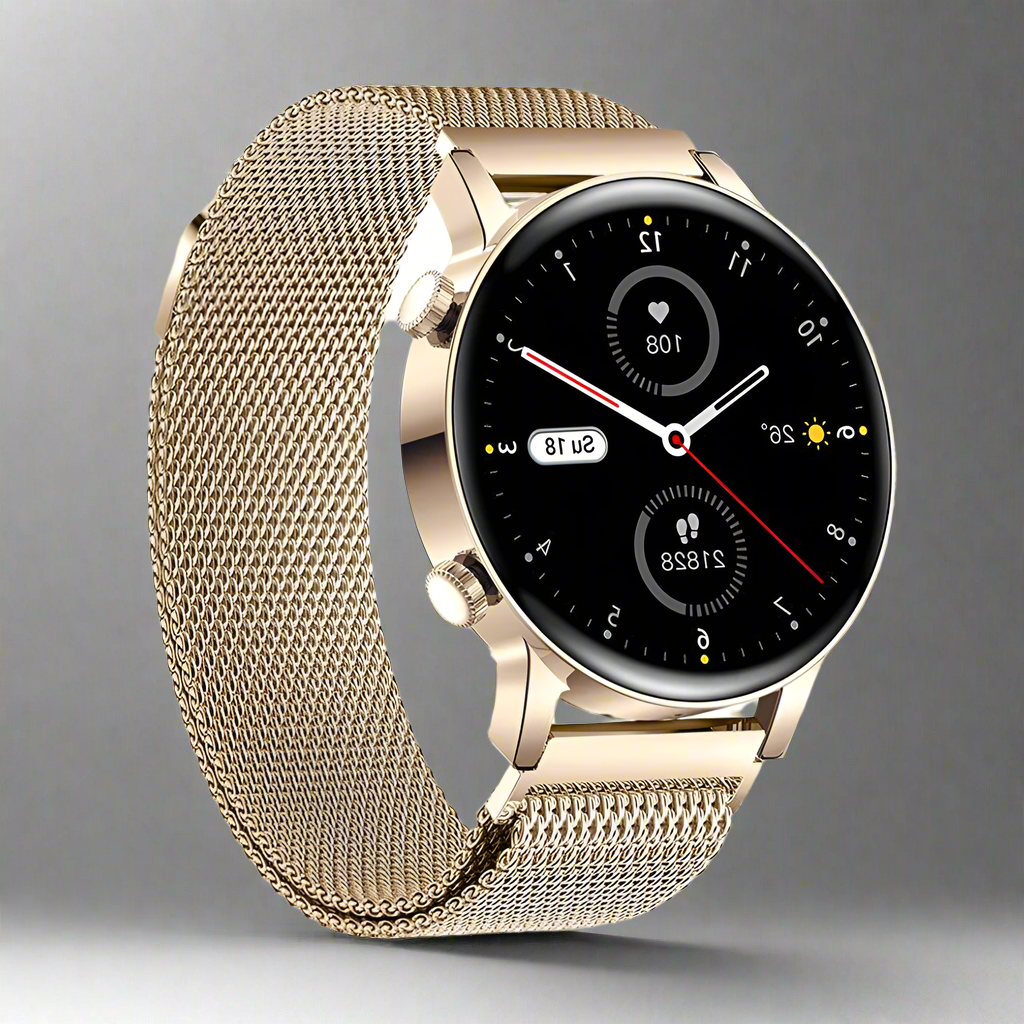 Stylish women's LuxeFit Pulse smartwatch. Features fitness tracking, health monitoring & Bluetooth connectivity.