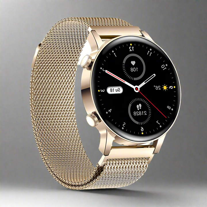 Stylish women's LuxeFit Pulse smartwatch. Features fitness tracking, health monitoring & Bluetooth connectivity.