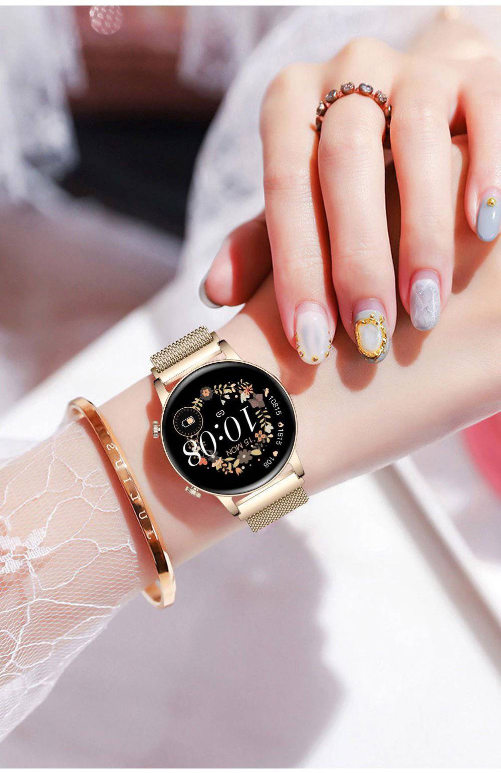 Rose gold women's LuxeFit Pulse smartwatch. A stylish Bluetooth fitness tracker and health monitor for modern women.