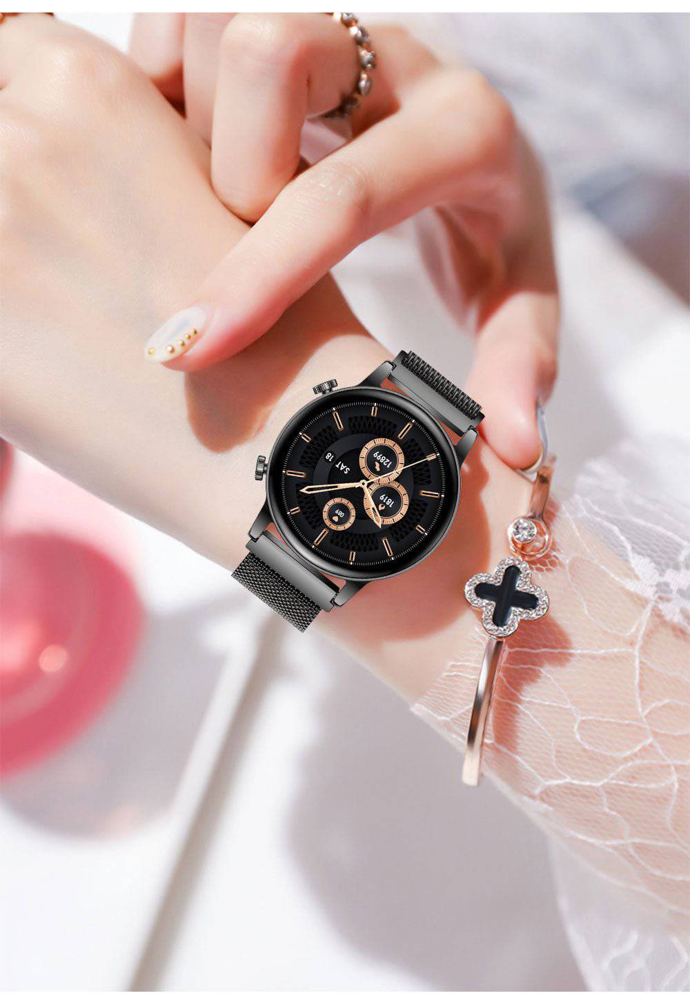 High-tech women's LuxeFit Pulse smartwatch. Tracks activity, monitors health, and keeps you connected. Stylish & smart.