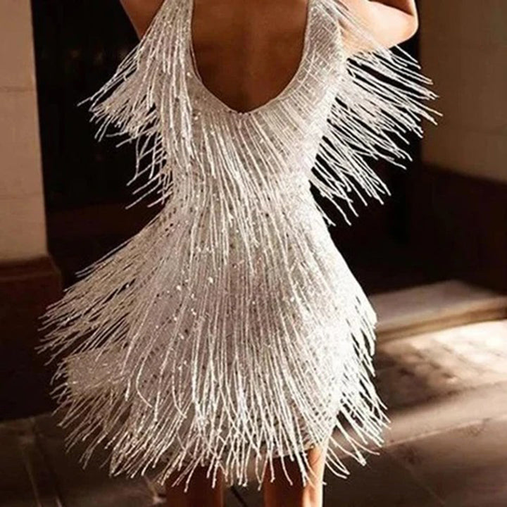 Contemporary women's tassel mini dress, designed for a stylish and comfortable fit for various occasions.