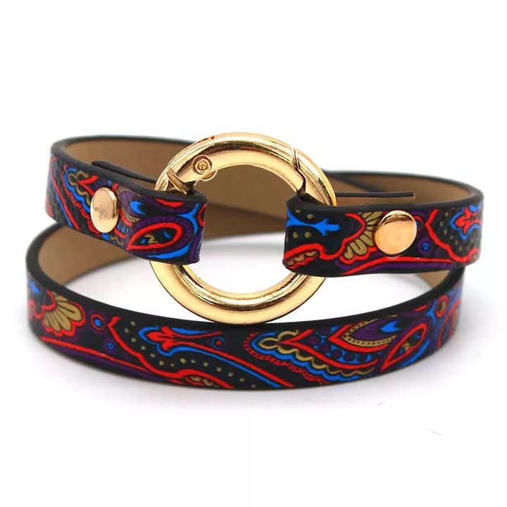 Stylish women's multi-color leather wrap bracelet, ethnic boho chic design, adjustable fashion accessory for her.
