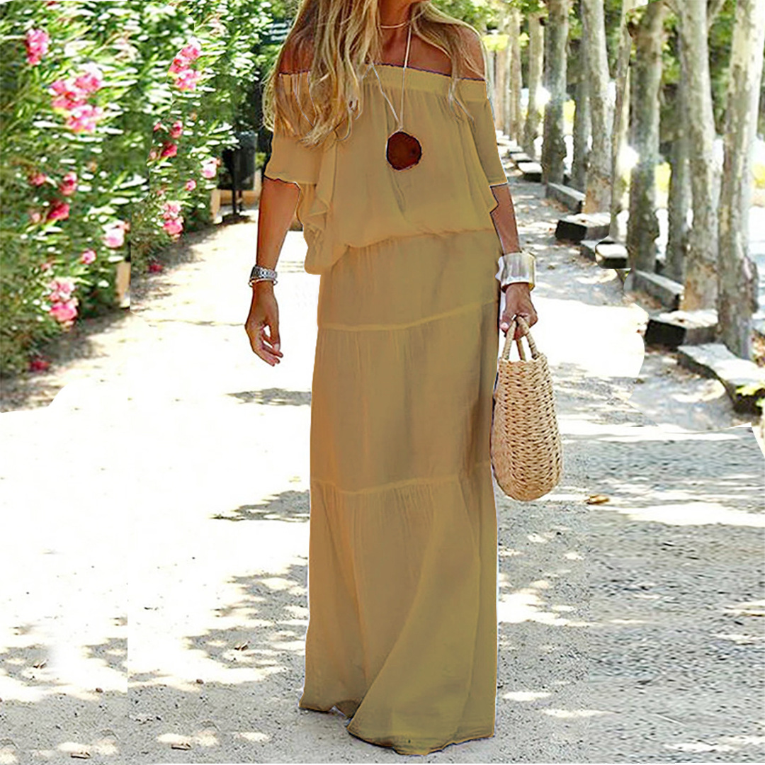 Stylish women's off-shoulder maxi dress, perfect for summer, beach vacations, or chic casual wear.