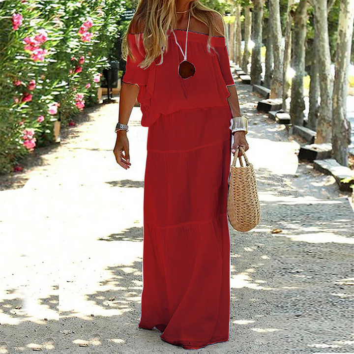 Boho women's off-shoulder summer maxi dress, a flowy and comfortable choice for beach and evening.