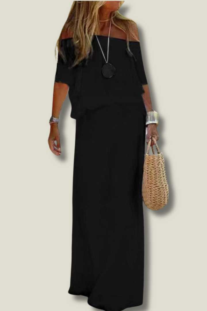 Elegant women's off-shoulder summer maxi dress, ideal for casual outings, resort wear, or special events.