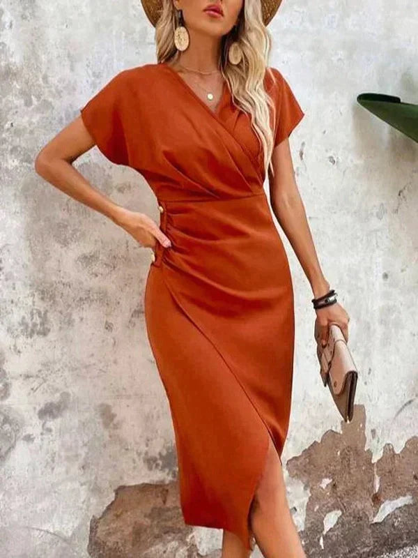 Women's versatile orange V-neck midi dress, offering an elegant yet casual style for various occasions.