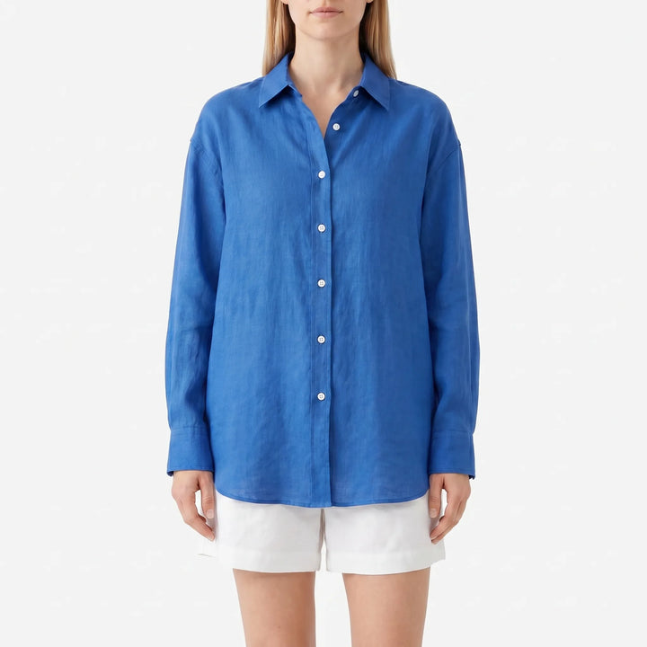 Women's stylish oversized long-sleeve summer blouse, a lightweight button-up top with a chest pocket, perfect for casual outfits.