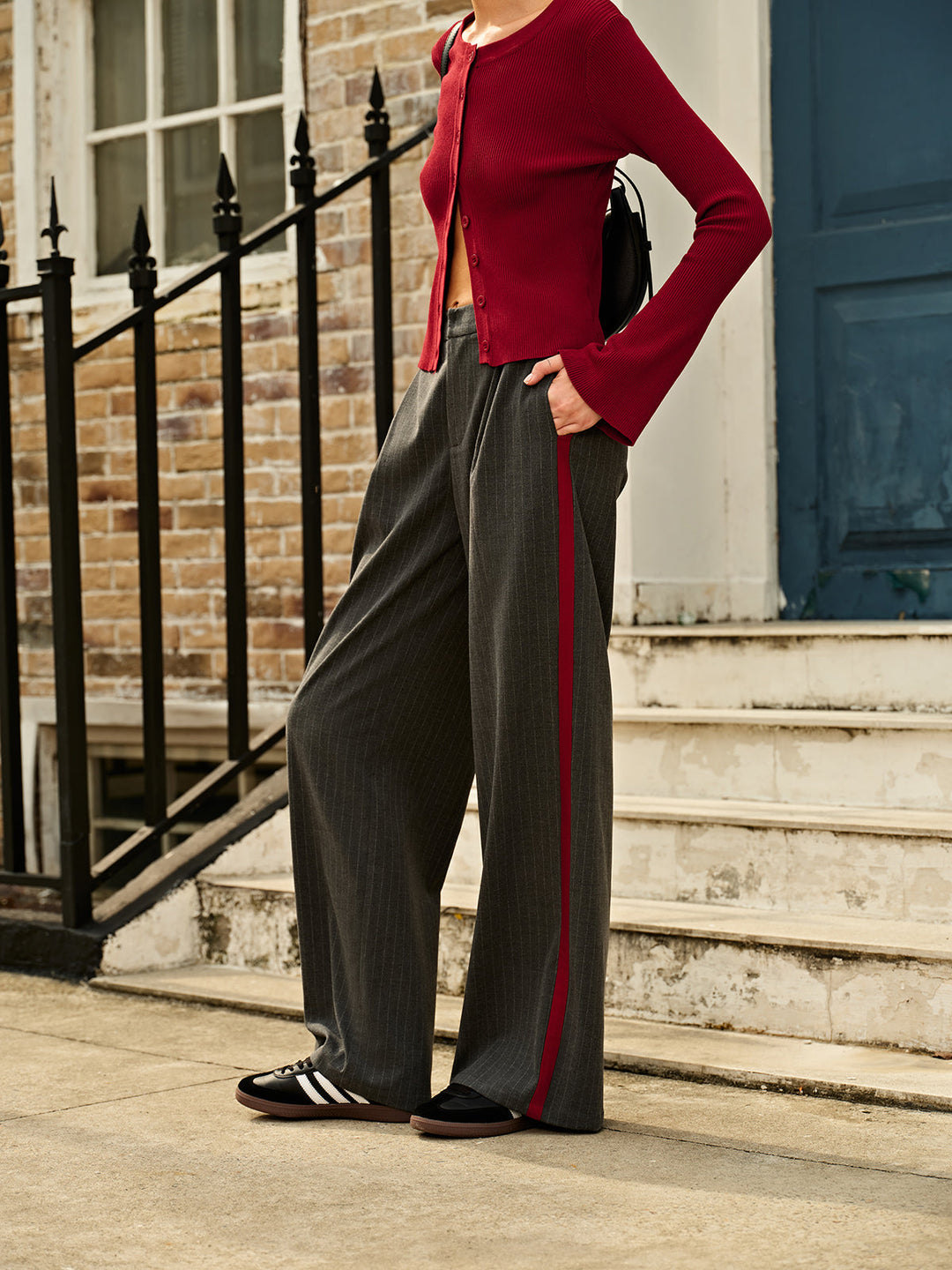 Women's high-waist pinstripe trousers, comfortable polyester blend with a trendy fit.