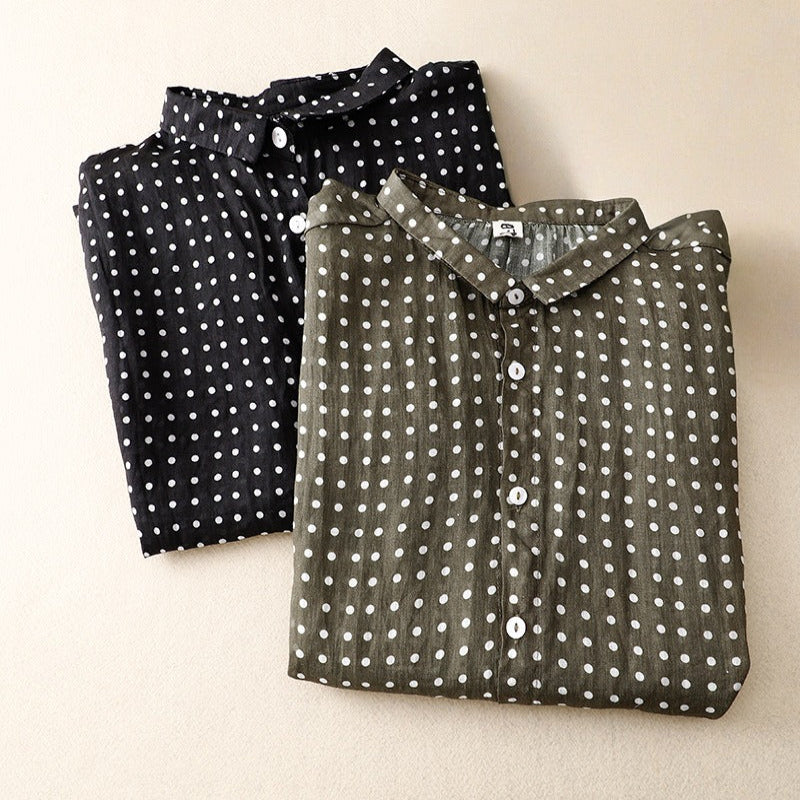 Comfortable black polka dot short sleeve top for women. A classic, stylish blouse for effortless everyday fashion.