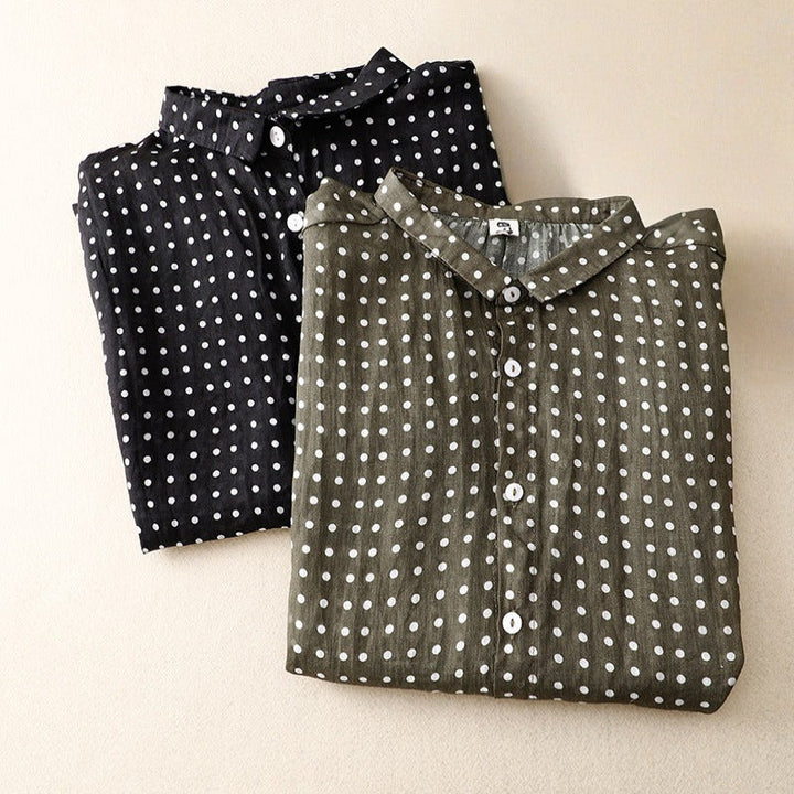 Comfortable black polka dot short sleeve top for women. A classic, stylish blouse for effortless everyday fashion.